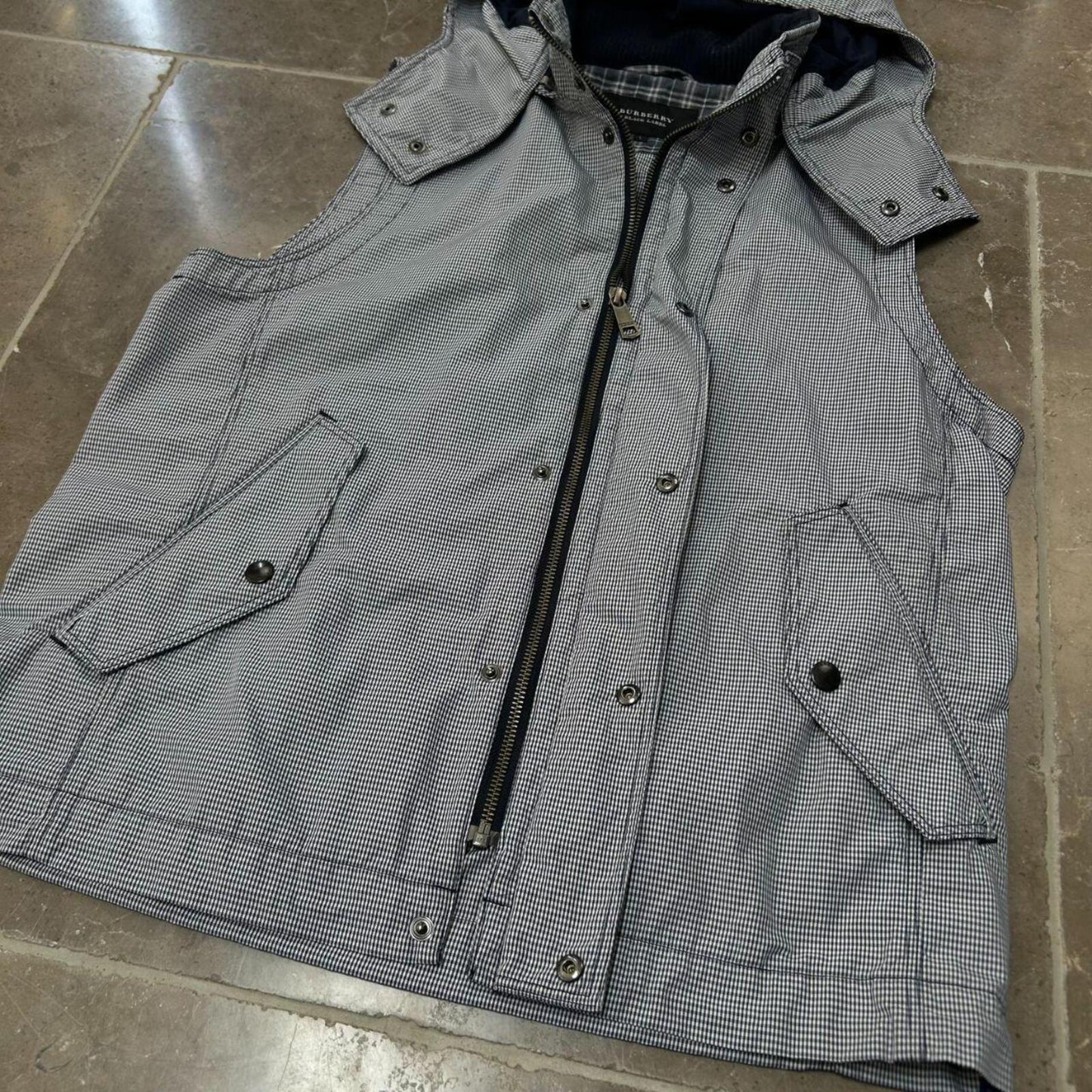 Burberry Black Label Gingham Check Gilet Hooded Vest Jacket M