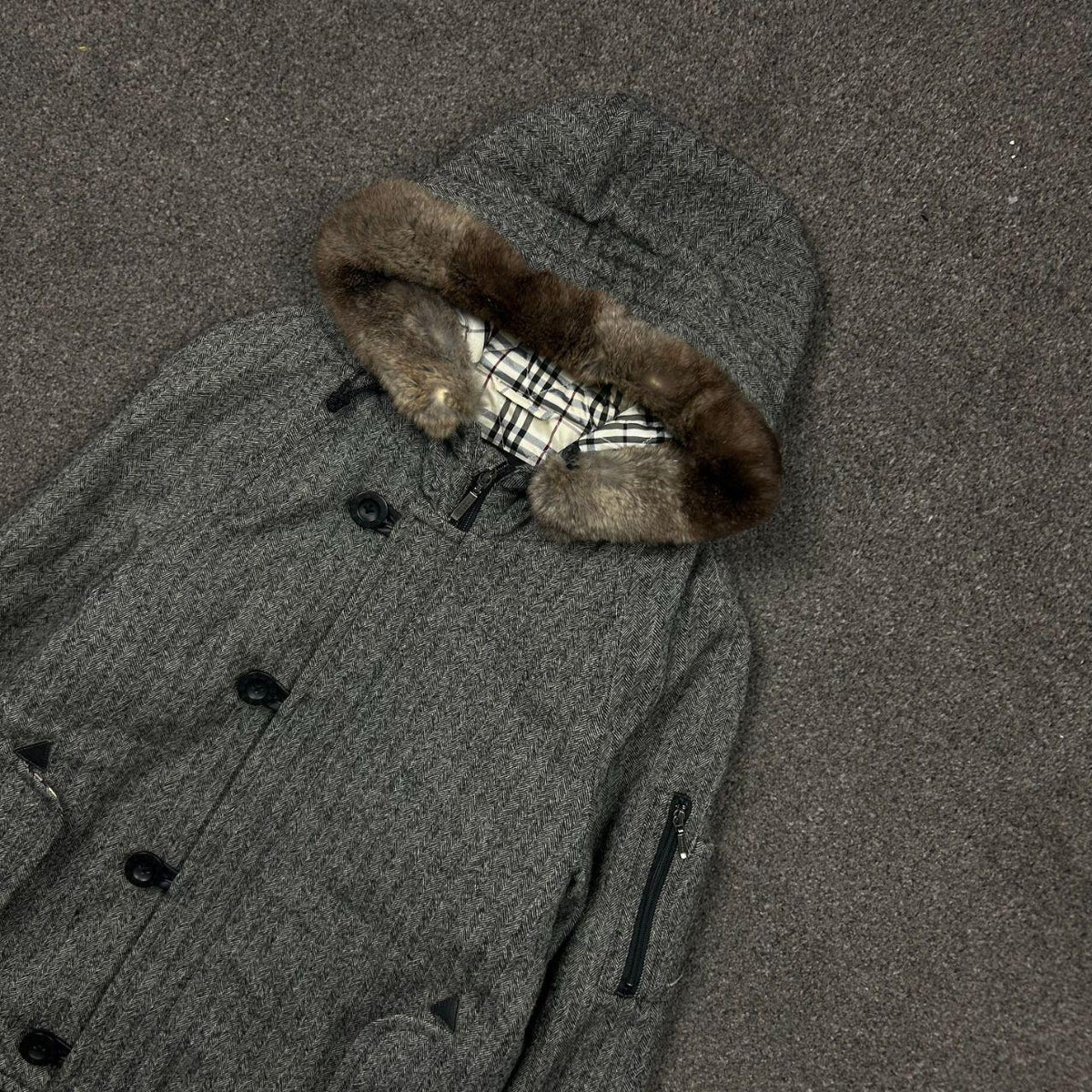 Burberry Black Label Fur Hood Wool Duffle Jacket S