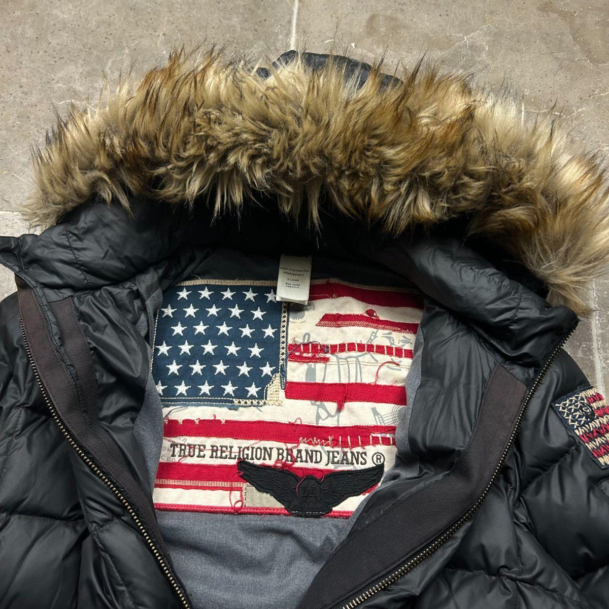 Vintage True Religion Fur Hood Square Stitch Puffer Jacket XL