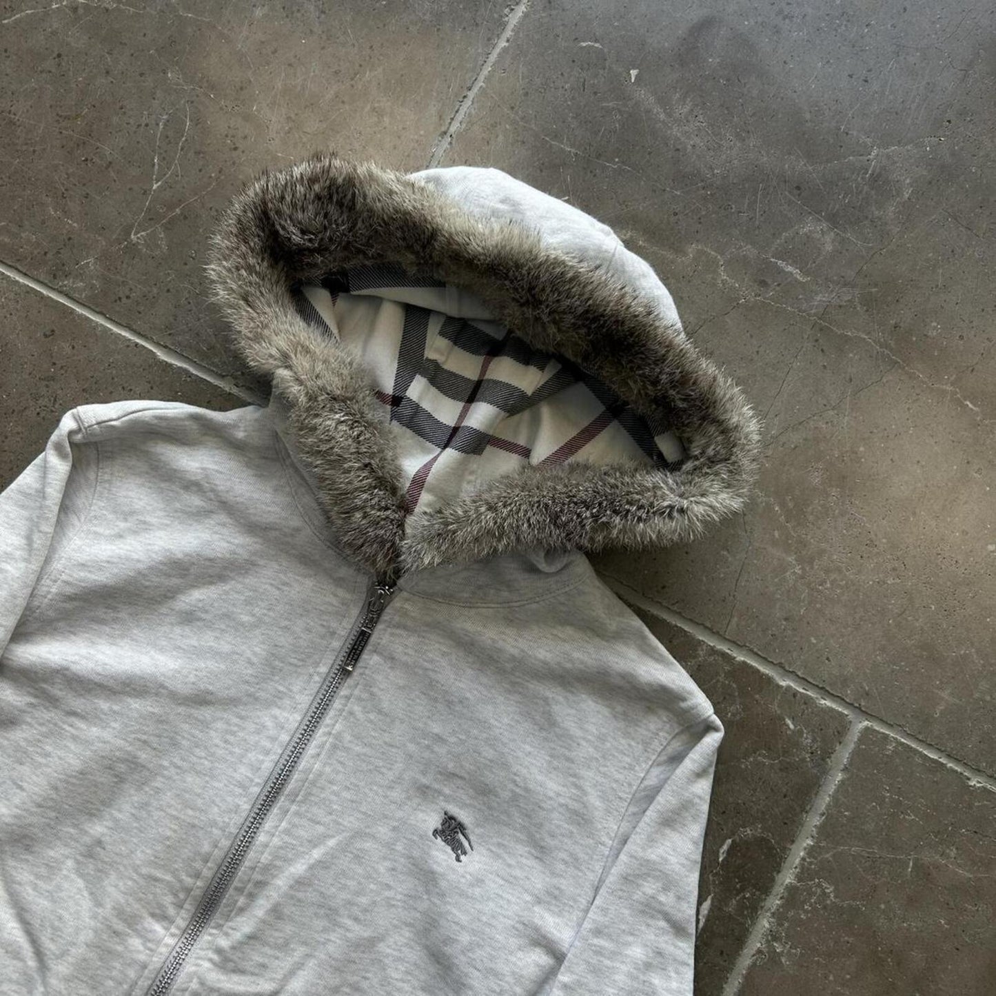 Burberry Black Label Nova Check Fur Hood Zip Up Hoodie S