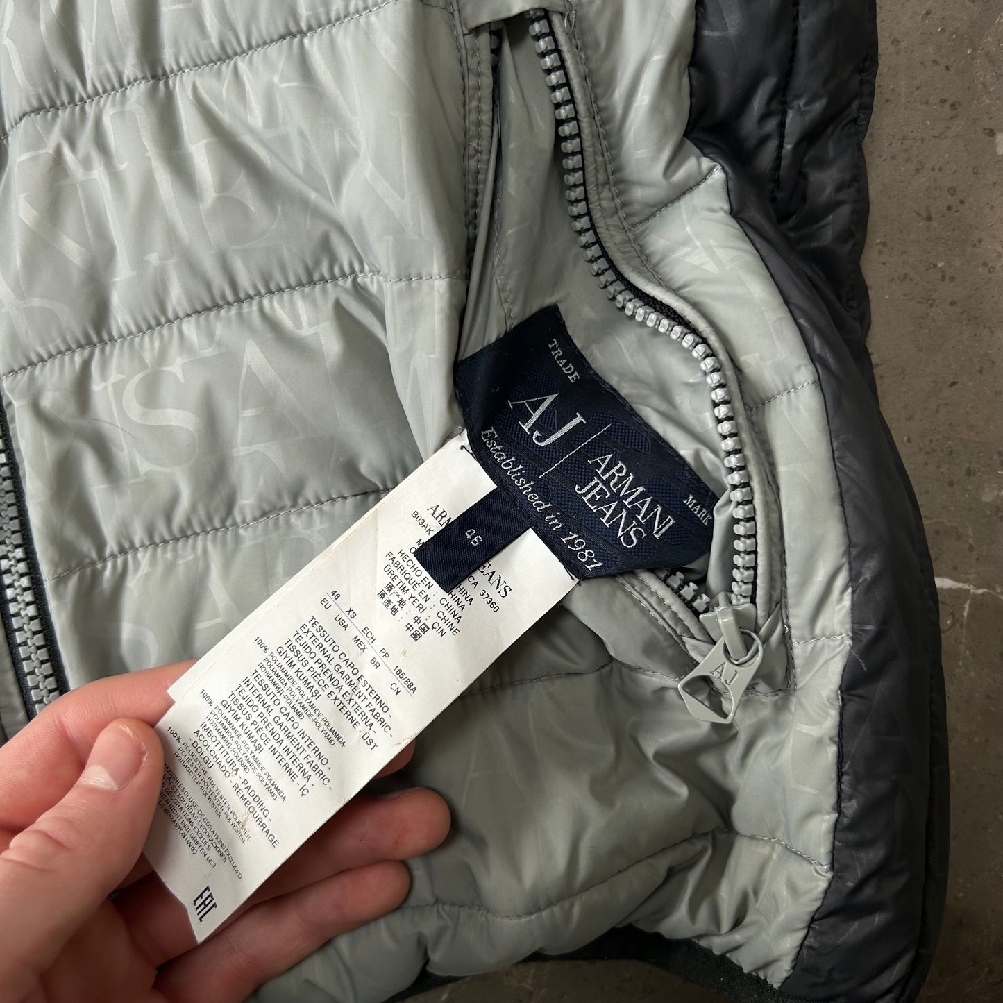 Vintage Armani Jeans Monogram Logo Puffer Jacket S