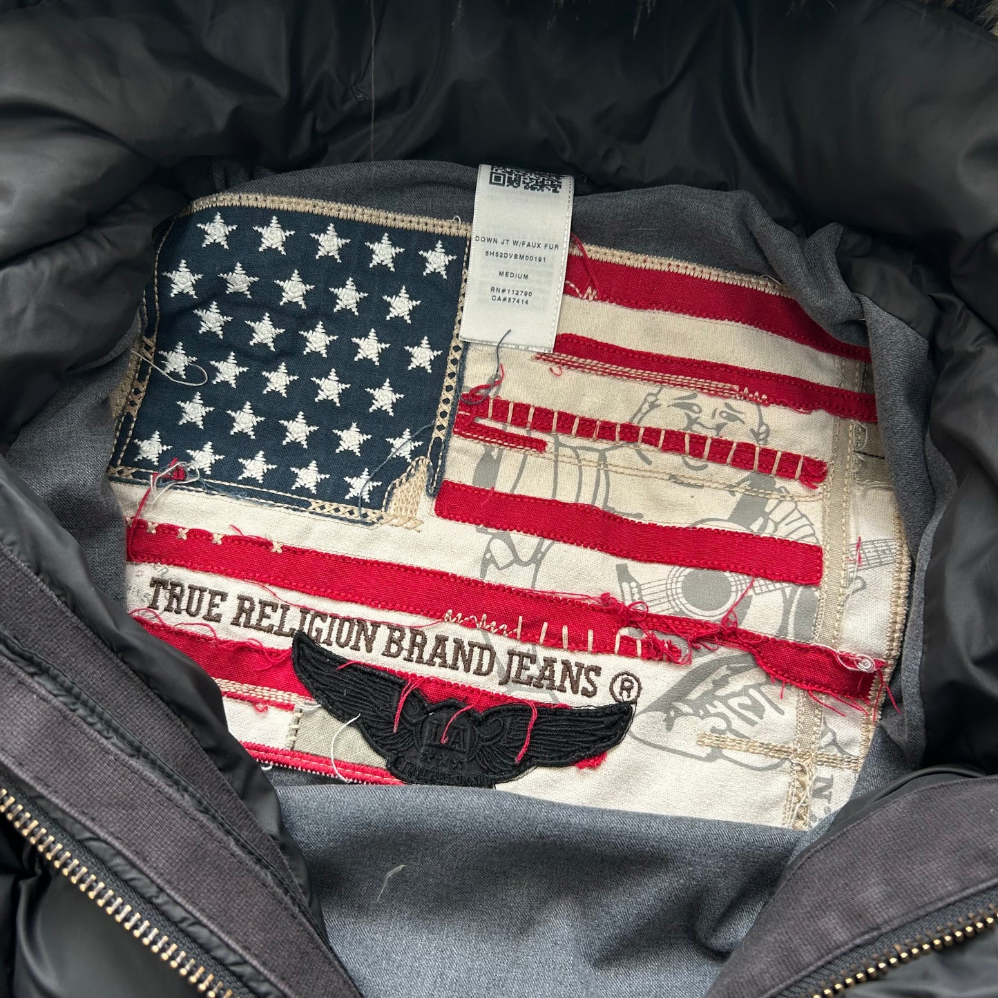Vintage True Religion Square Stitch Fur Hood Puffer Jacket