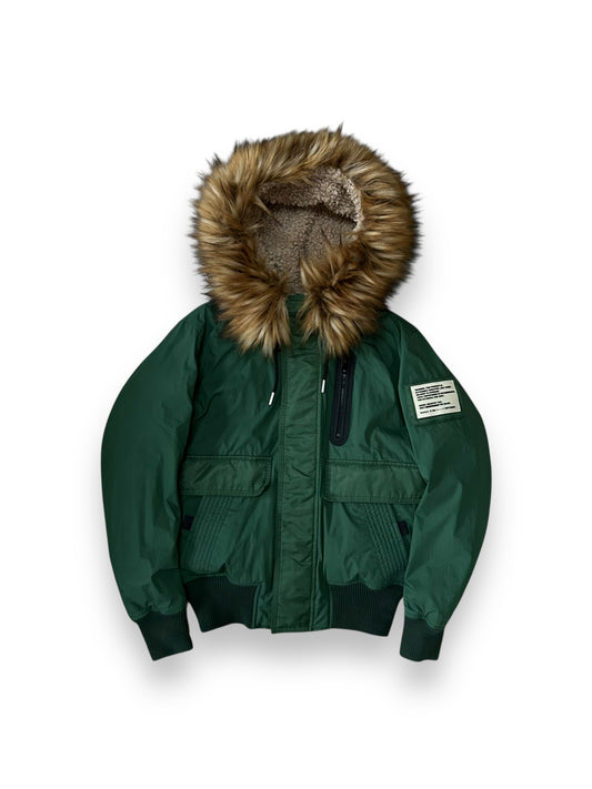 Mens Diesel Burkisk Puffer Bomber Fur Hood Jacket Green S