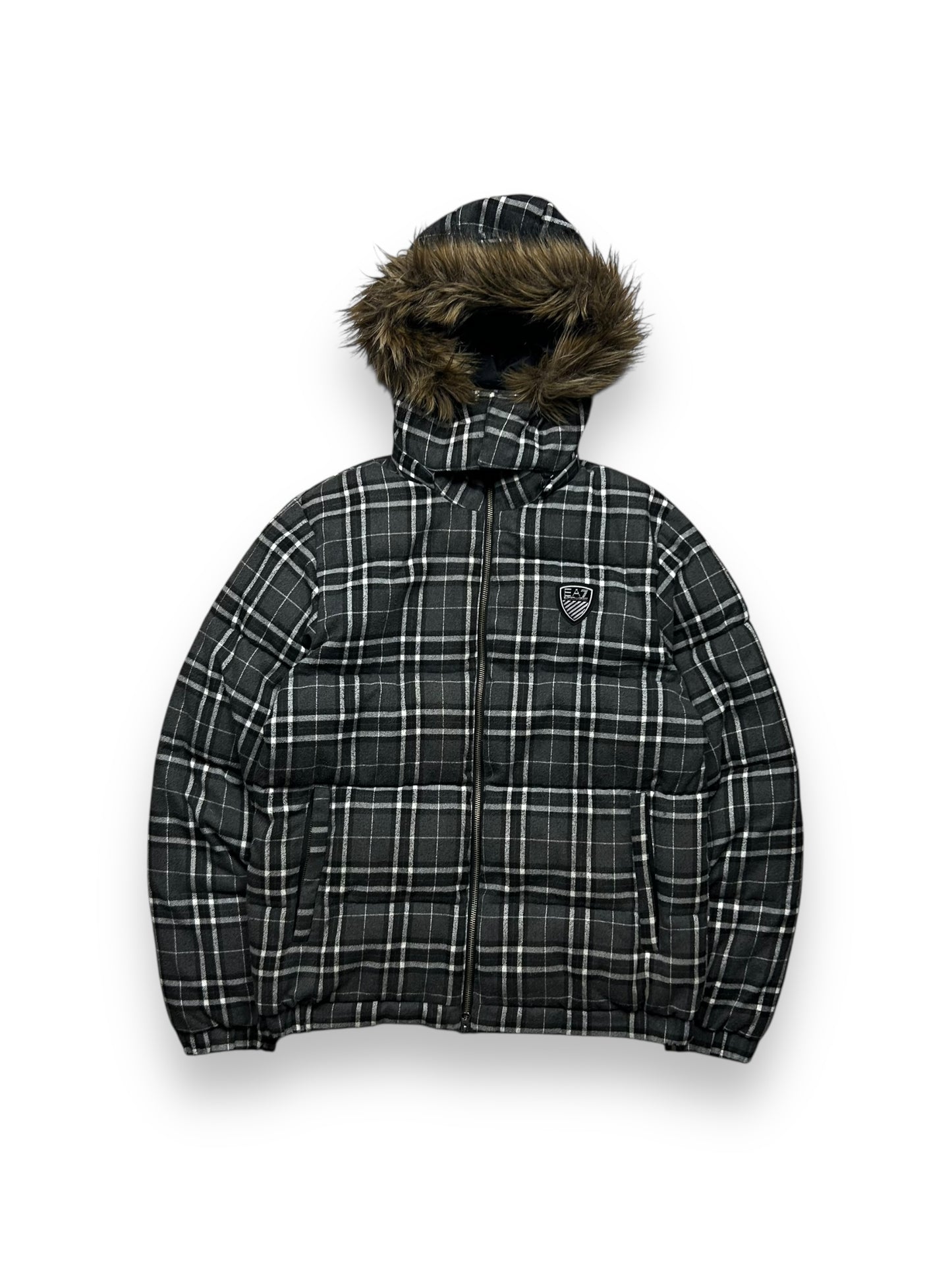 Mens Armani EA7 Plaid Fur Hood Puffer Jacket L