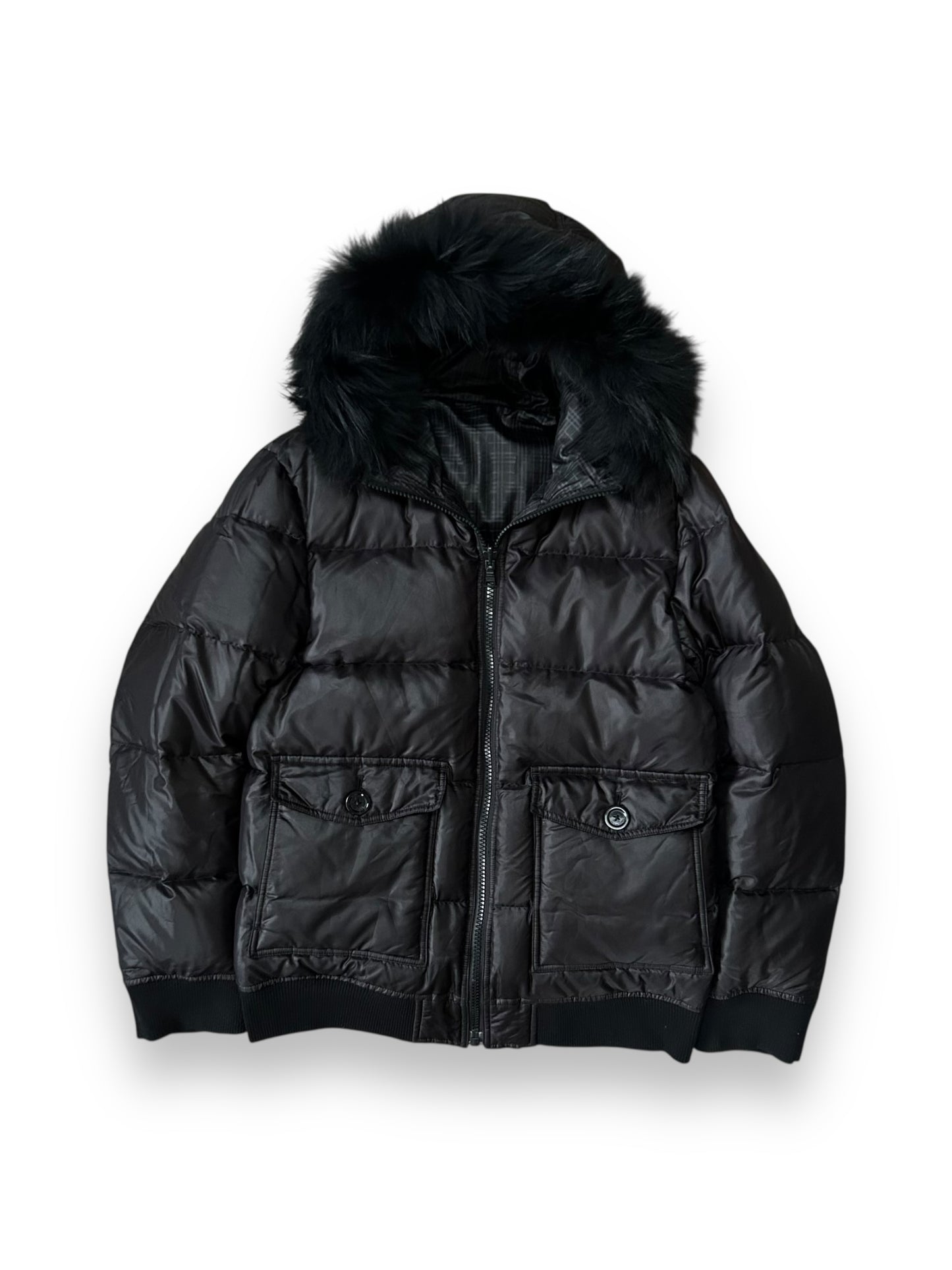 Burberry Black Label Fur Hood Reversible Puffer Jacket Black M