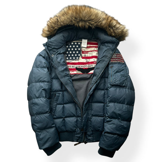 Vintage True Religion Fur Hood Square Stitch Puffer Jacket L