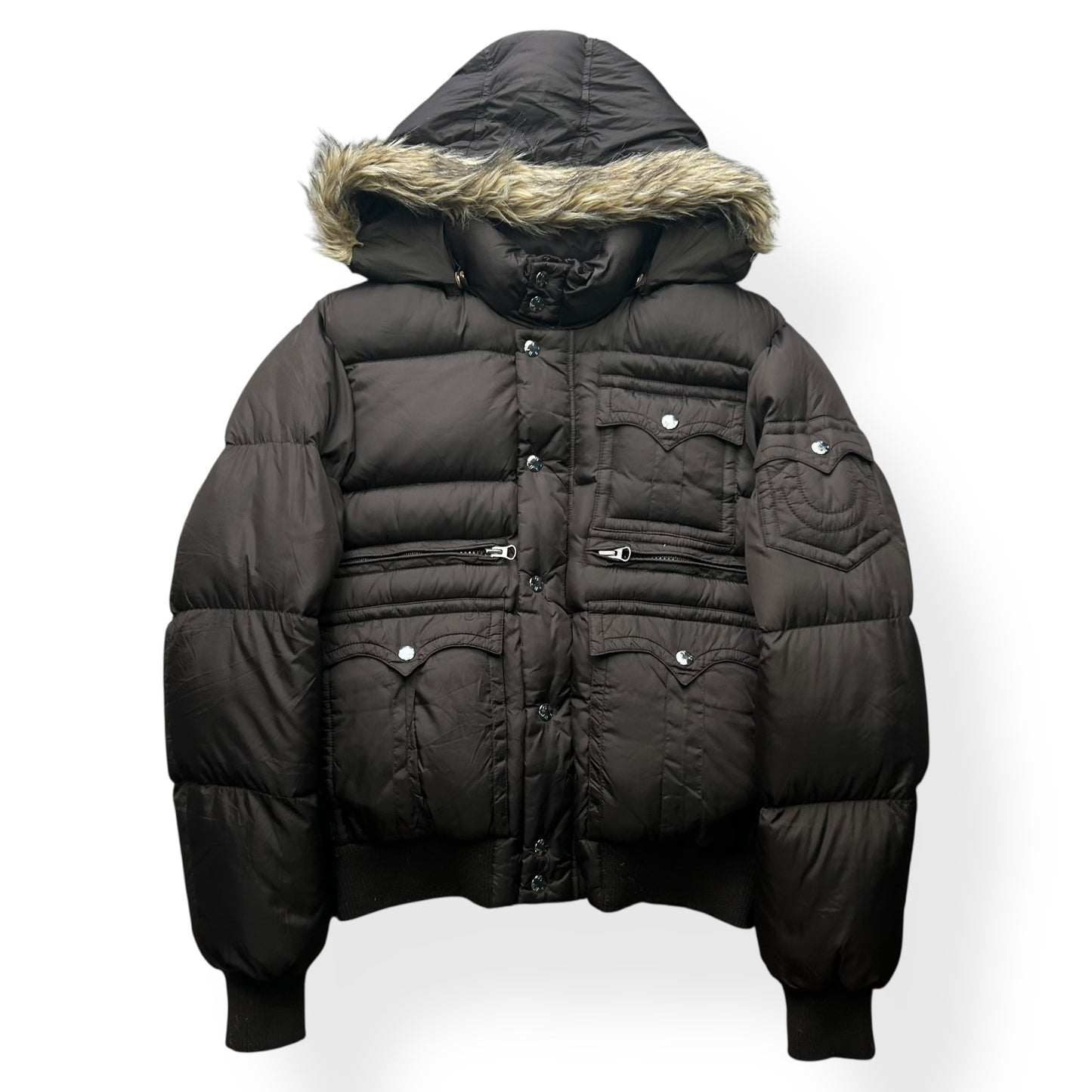 True Religion Fur Hood Puffer Down Jacket Brown XL