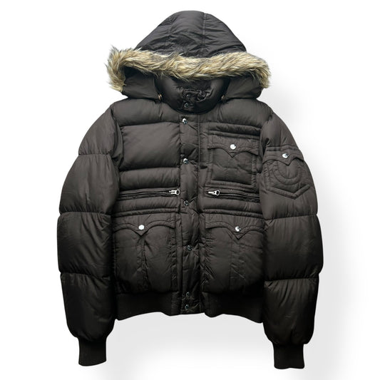 True Religion Fur Hood Puffer Down Jacket Brown XL