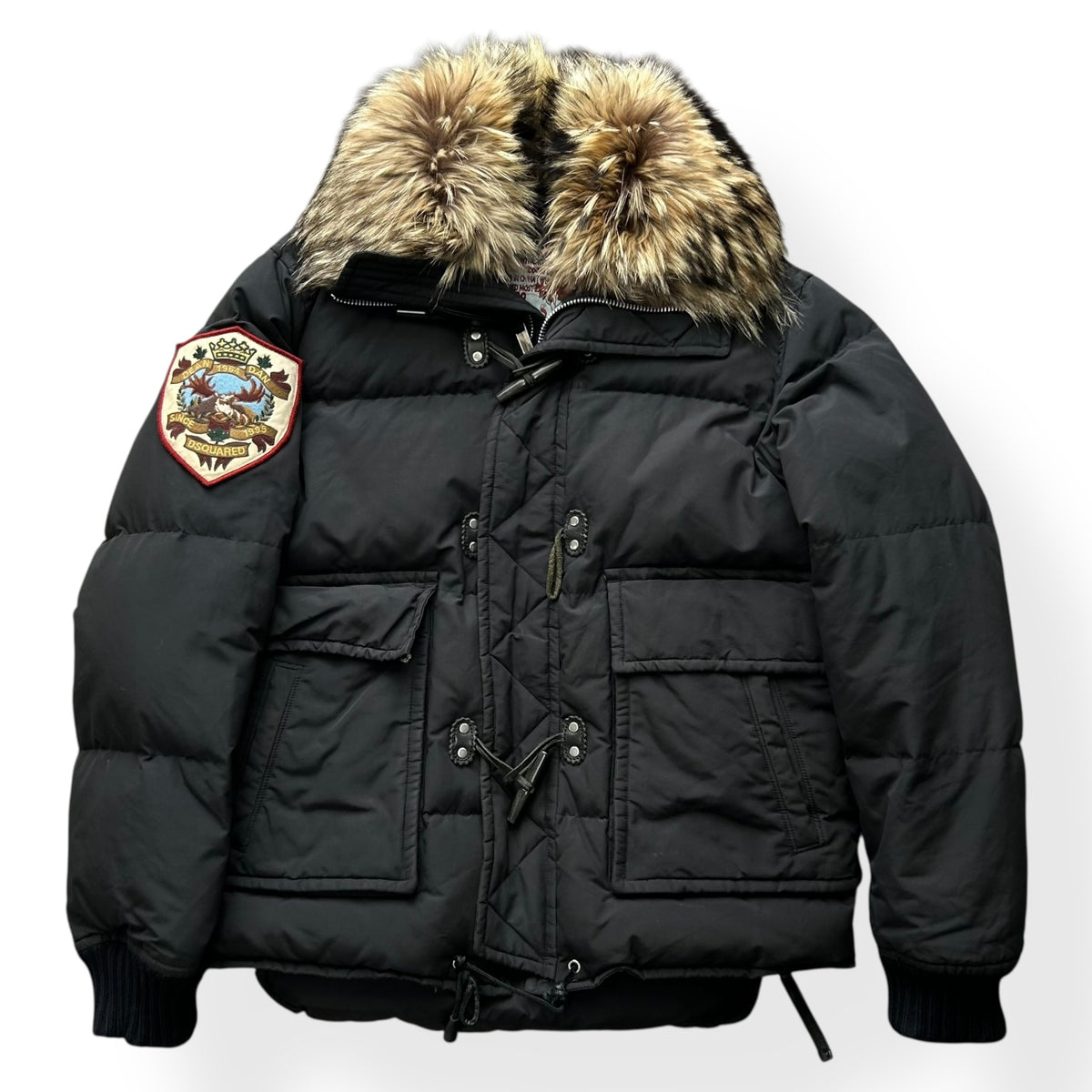 Dsquared2 Racoon Fur Trim Collar Puffer Bomber Jacket Black L