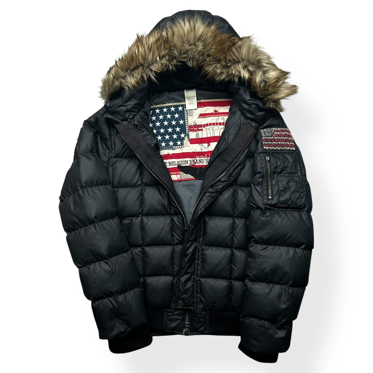 Vintage True Religion Fur Hood Square Stitch Puffer Jacket XL