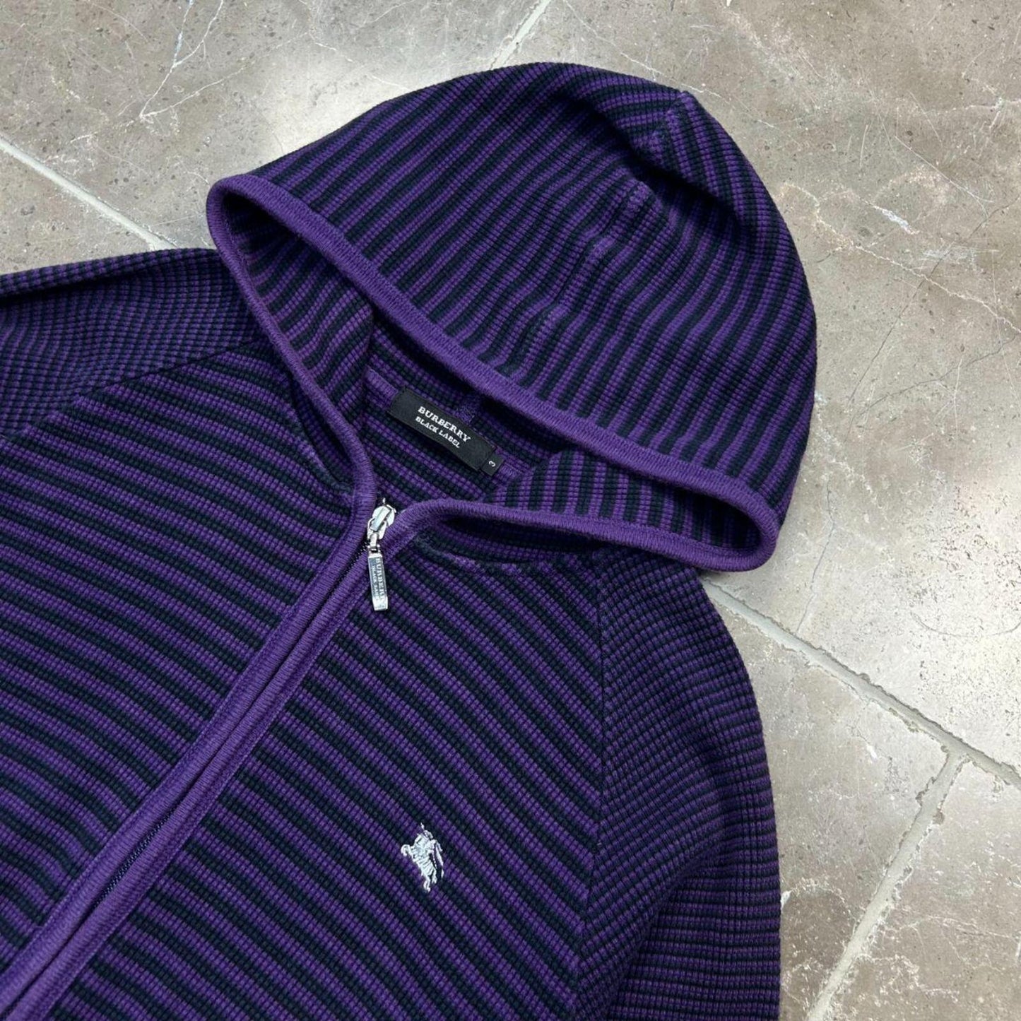 Burberry Black Label Striped Waffle Knit Zip Up Hoodie S