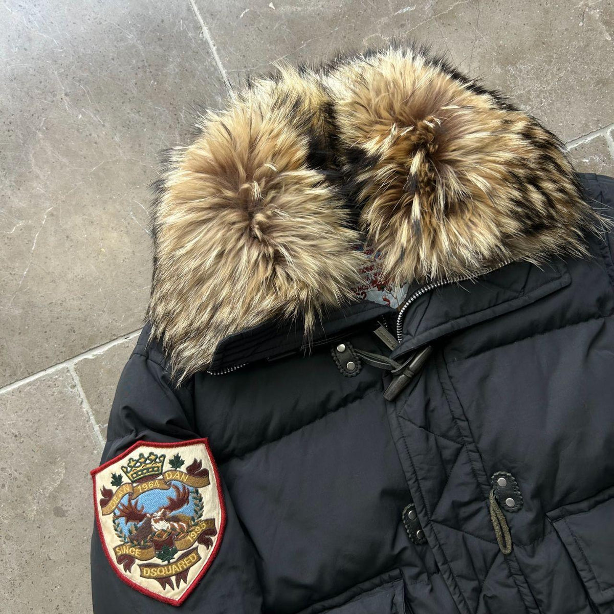 Dsquared2 Racoon Fur Trim Collar Puffer Bomber Jacket Black L