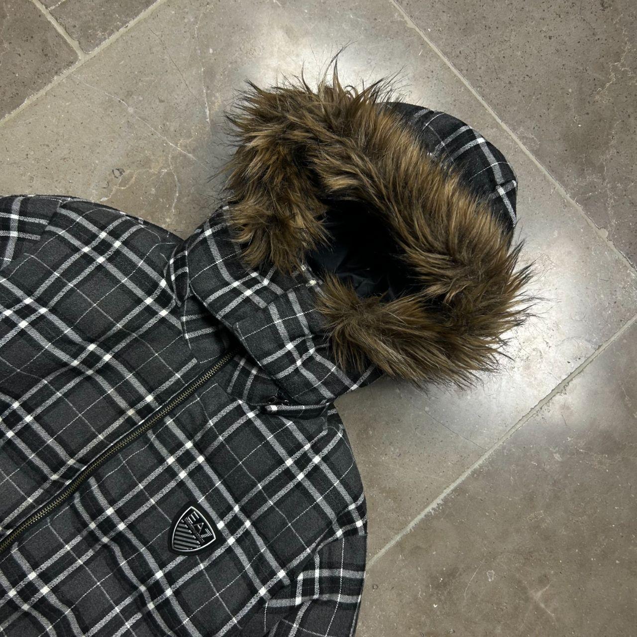 Mens Armani EA7 Plaid Fur Hood Puffer Jacket L